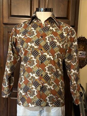 1970’s Kings Road Sz M Tab Collar Paisley Button Down Shirt - Rust